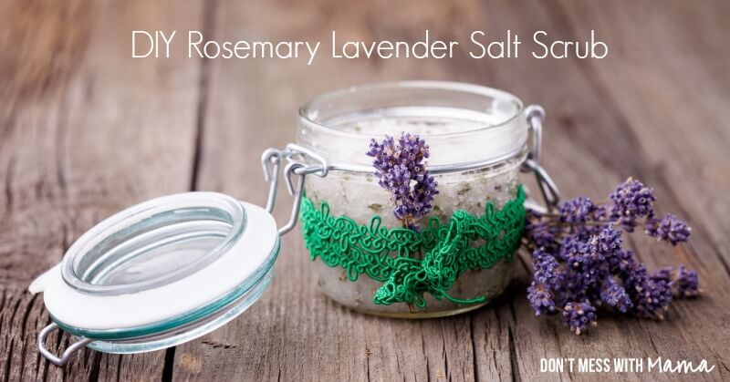 Coconut Oil for Skin: Rosemary Lavender Salt Scrub in glass jar with lavender buds 