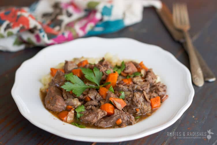 Healthy Instant Pot Recipes: Beef Burgundy Stew in a White Bowl